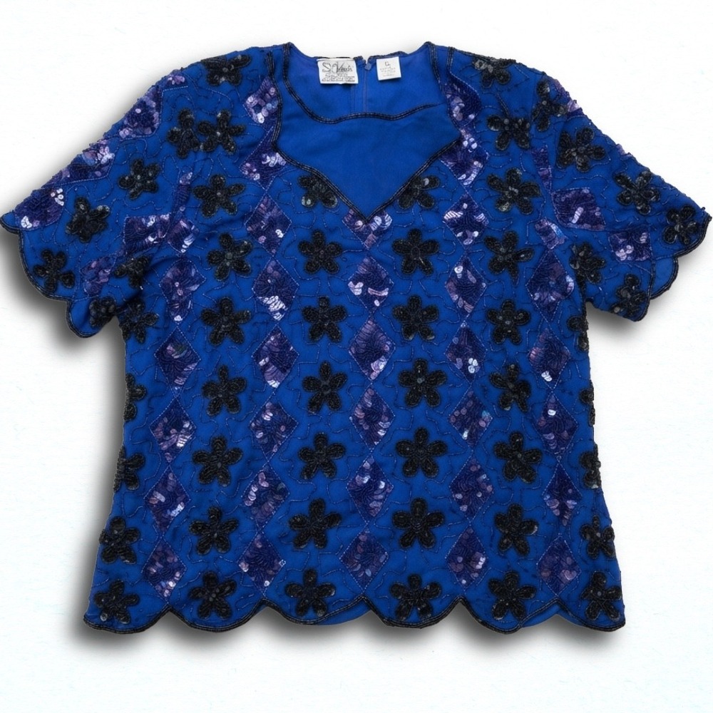 Vintage Stenay Plus Royal Blue Silk Beaded Sequin Floral Evening Blouse Plus XL